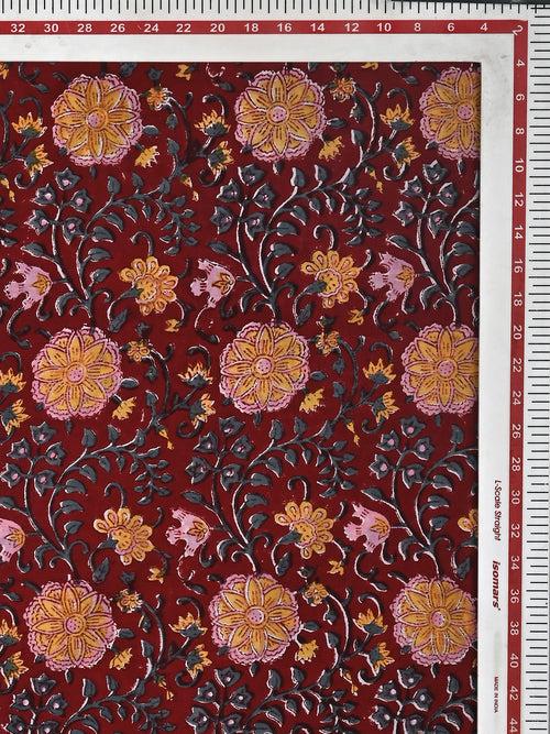 Red Bageecha Jaal Pattern Cotton Cambric Sanganeri Hand Block Printed Fabric