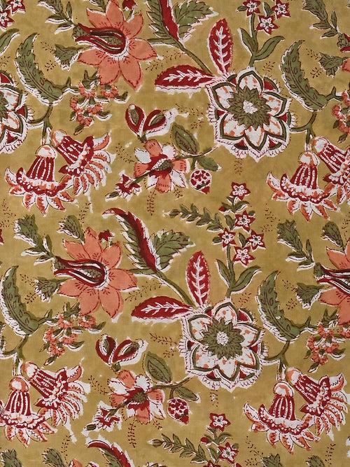 Yellow Gudhal Jaal Pattern Cotton Cambric Sanganeri Hand Block Printed Fabric