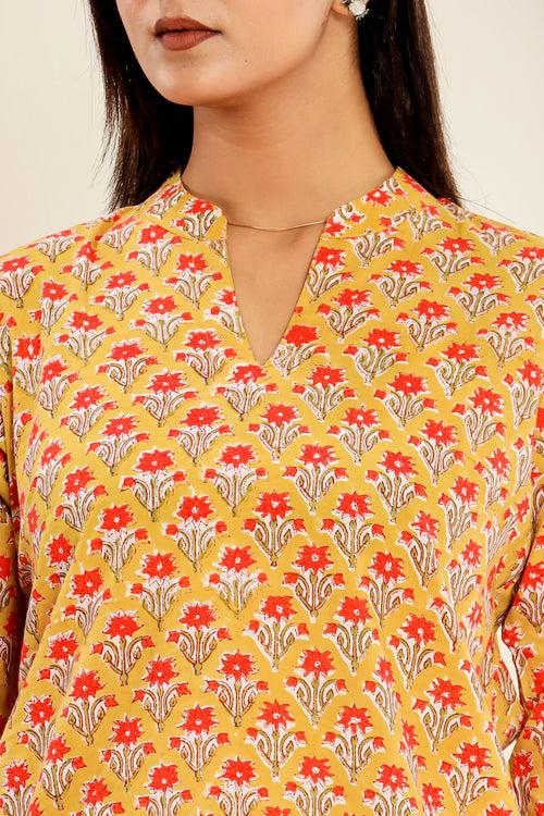 Morning Flower Hand Block Printed Womens Tops