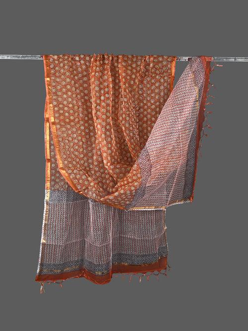 Orange Hand Block Printed Geometric Gola Jaal Kota Doria Dupatta