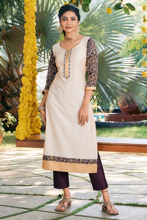 Floral Embroidered with Kalamkari Kasavu Fusion Kurta Off White