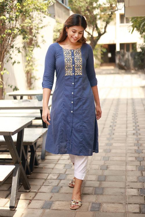 Solid Blue Kurta with Button Detailing Embroidery Stylish Wear