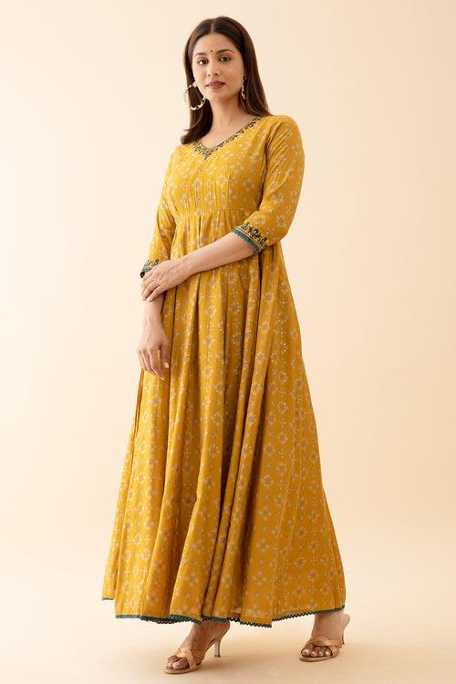 Ditsy Floral Printed Anarkali with Jewel Inspired Neckline Mustard