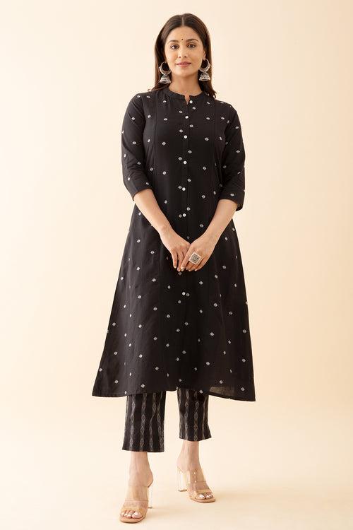 Monochromatic Geometric Dobby Weave Kurta Set Black