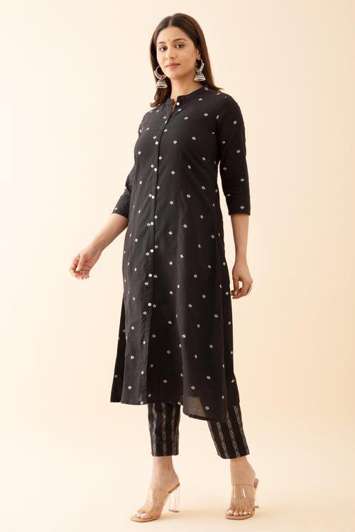 Monochromatic Geometric Dobby Weave Kurta Set Black