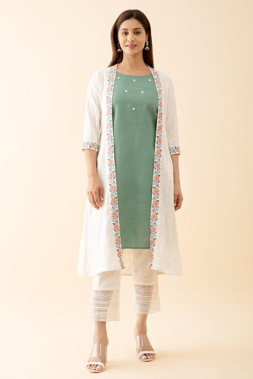 Floral Embroidered Kurta with Printed Jackets Green