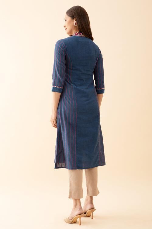 Panelled A Line Kurta with Embroidered Neckline Blue