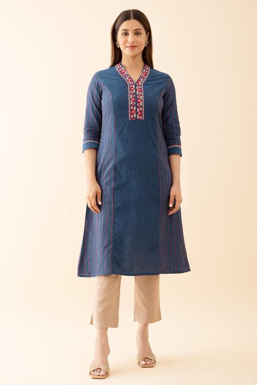 Panelled A Line Kurta with Embroidered Neckline Blue