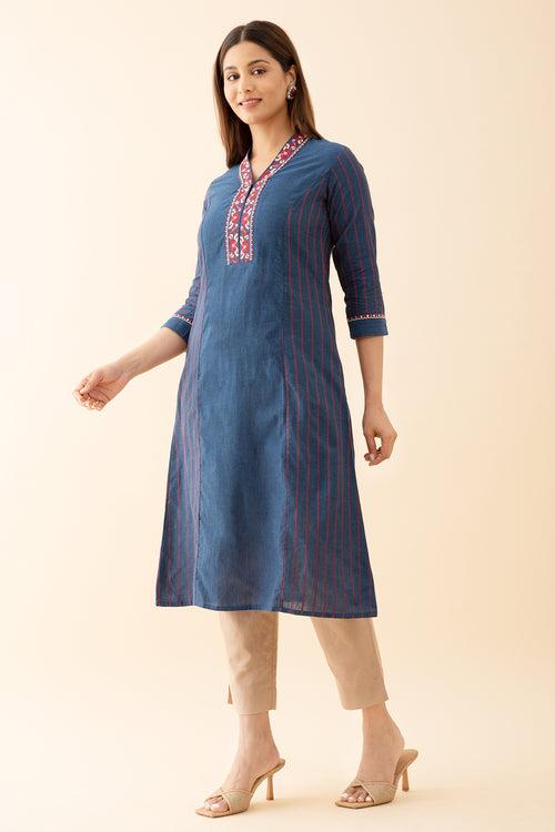 Panelled A Line Kurta with Embroidered Neckline Blue