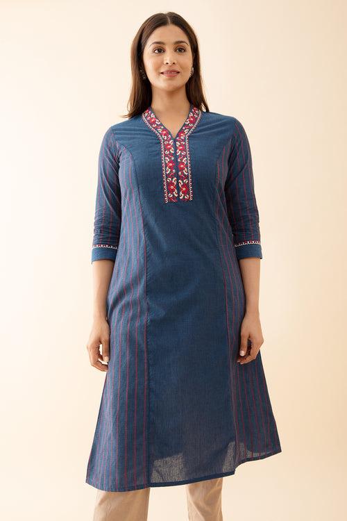 Panelled A Line Kurta with Embroidered Neckline Blue