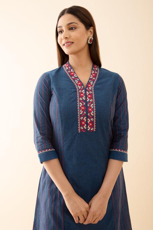 Panelled A Line Kurta with Embroidered Neckline Blue