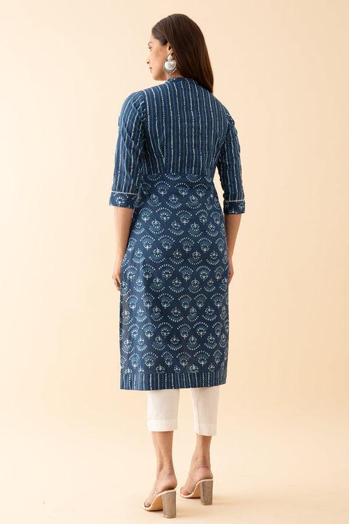 Indigo Printed Kurta with Lace Embellished Yoke Blue