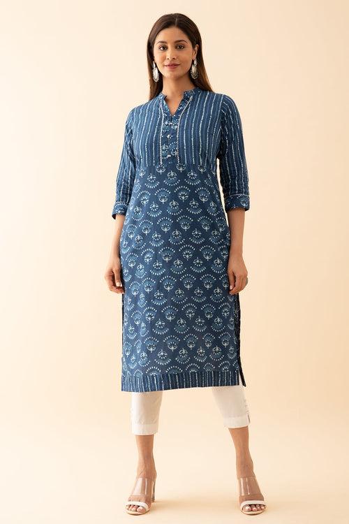 Indigo Printed Kurta with Lace Embellished Yoke Blue