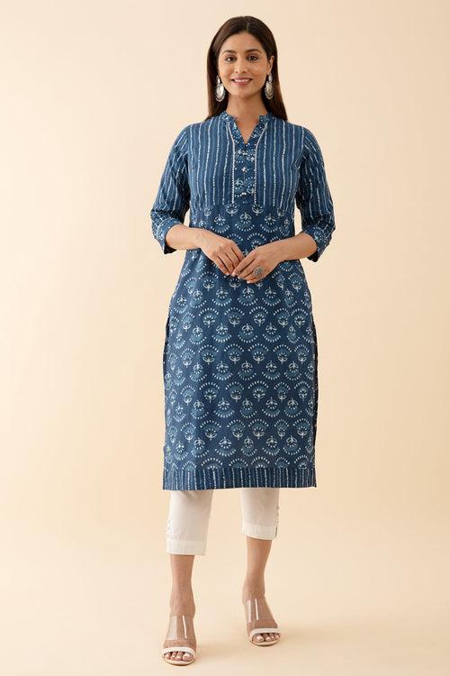 Indigo Printed Kurta with Lace Embellished Yoke Blue