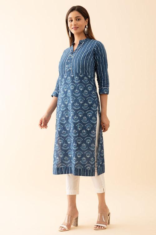 Indigo Printed Kurta with Lace Embellished Yoke Blue