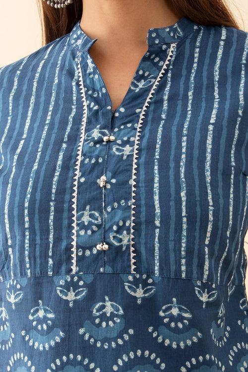 Indigo Printed Kurta with Lace Embellished Yoke Blue