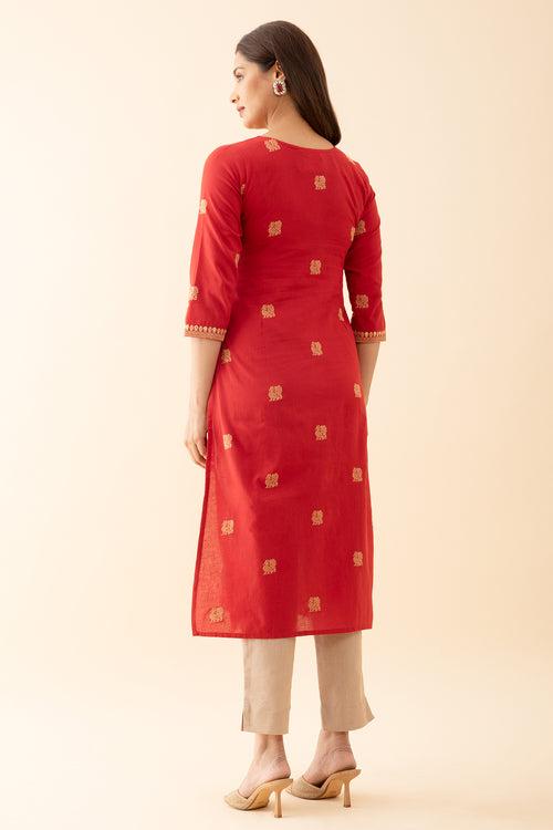 Annapakshi Motif Dobby Kurta with Embroidered Neckline Red