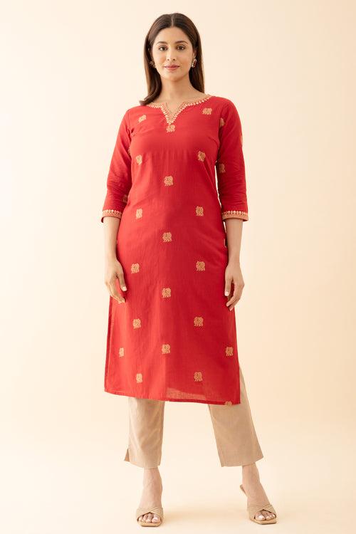 Annapakshi Motif Dobby Kurta with Embroidered Neckline Red