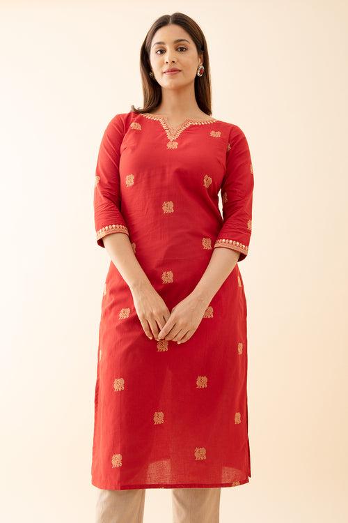 Annapakshi Motif Dobby Kurta with Embroidered Neckline Red