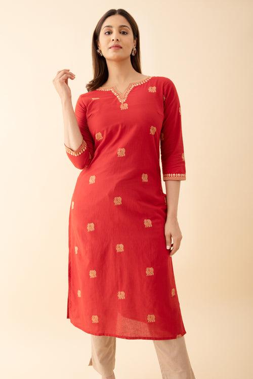 Annapakshi Motif Dobby Kurta with Embroidered Neckline Red