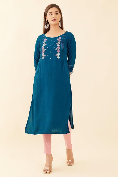 Floral Embroidered With Pin Tuck Yoke Kurta Blue