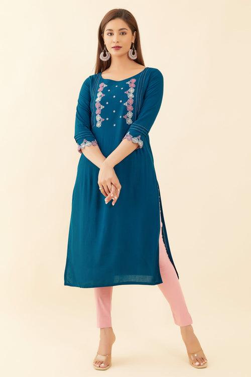 Floral Embroidered With Pin Tuck Yoke Kurta Blue