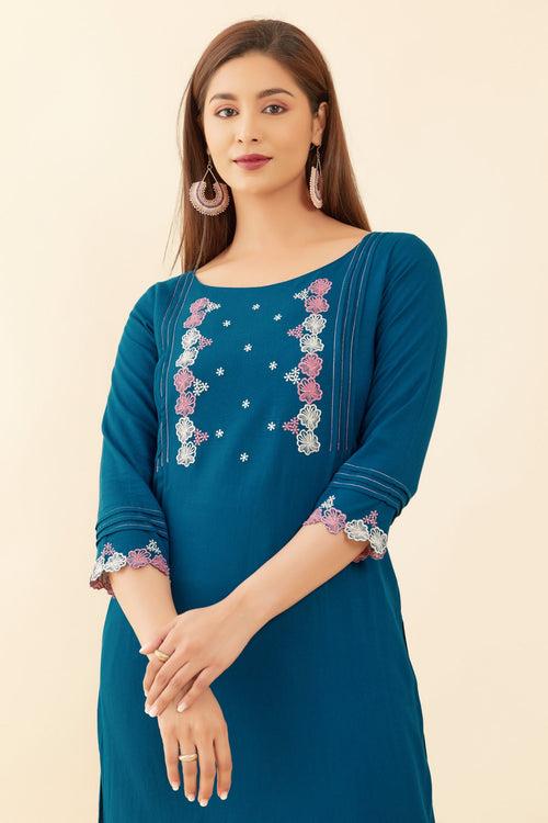 Floral Embroidered With Pin Tuck Yoke Kurta Blue