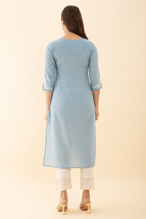 Dobby Blue Floral Kurta Embroidered Round Neck