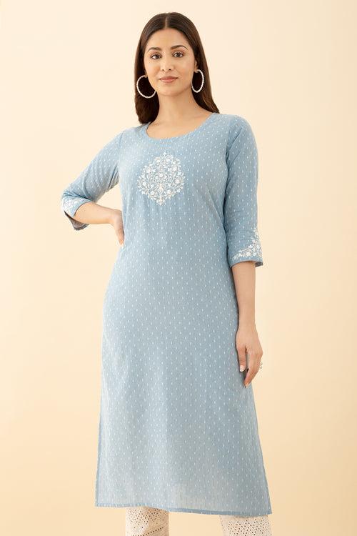 Dobby Blue Floral Kurta Embroidered Round Neck