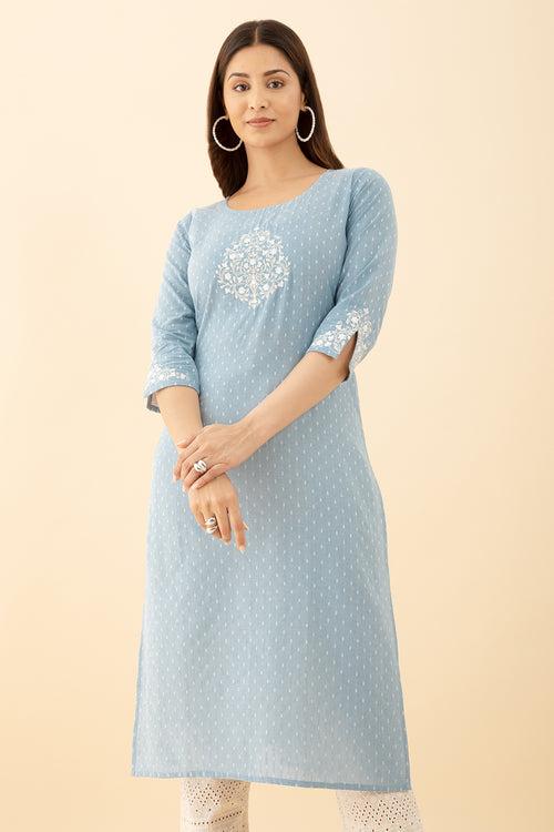 Dobby Blue Floral Kurta Embroidered Round Neck