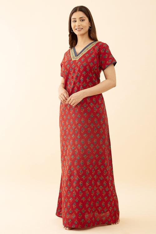 Red Floral Cotton Nighty with Embroidered Pattern