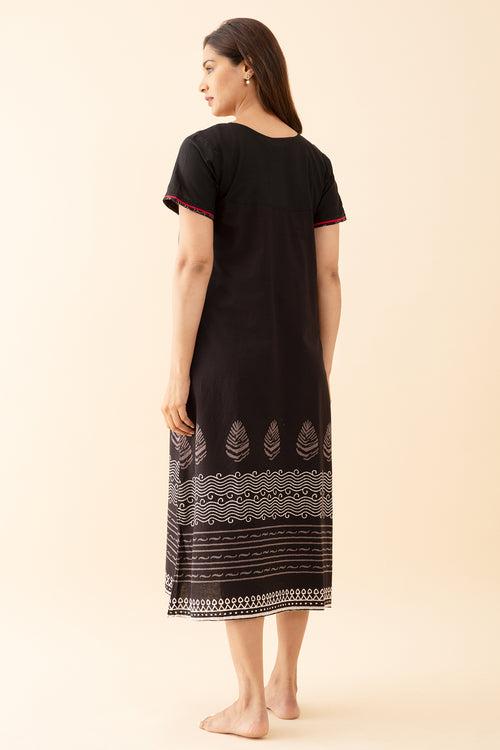 Solid Nighty with Warli Art Printed Yoke Black