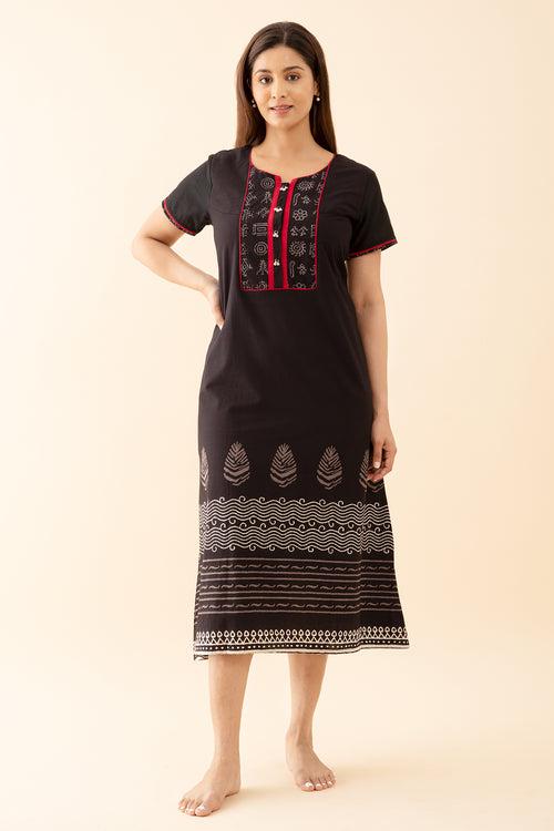 Solid Nighty with Warli Art Printed Yoke Black