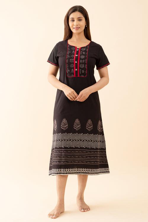 Solid Nighty with Warli Art Printed Yoke Black