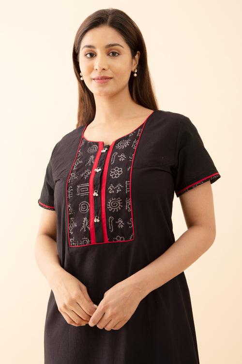 Solid Nighty with Warli Art Printed Yoke Black