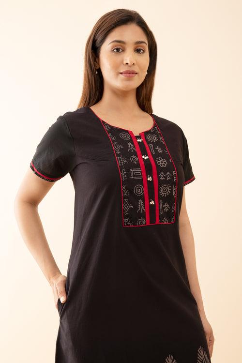 Solid Nighty with Warli Art Printed Yoke Black