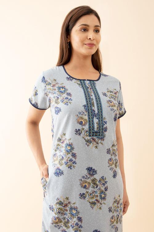 Acanthus Floral Printed Nighty with Embroidered Neckline Blue