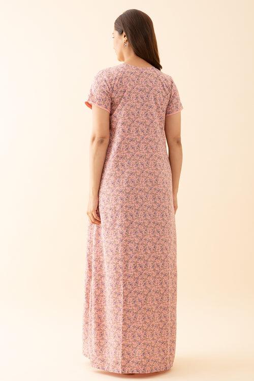 All Over Ditsy Printed Nighty with Embroidered Yoke Pink