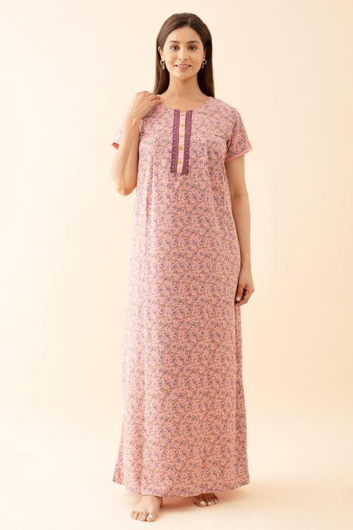 All Over Ditsy Printed Nighty with Embroidered Yoke Pink