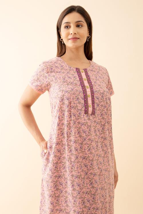 All Over Ditsy Printed Nighty with Embroidered Yoke Pink