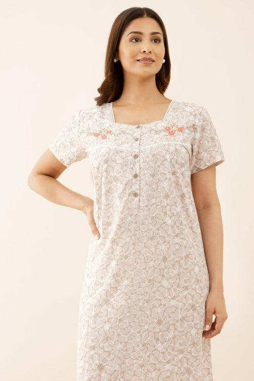 Square Neck Mustard Floral Nighty with Embroidery