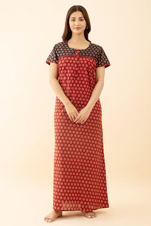 Round Neck Maroon Nighty with Ajrakh Printed