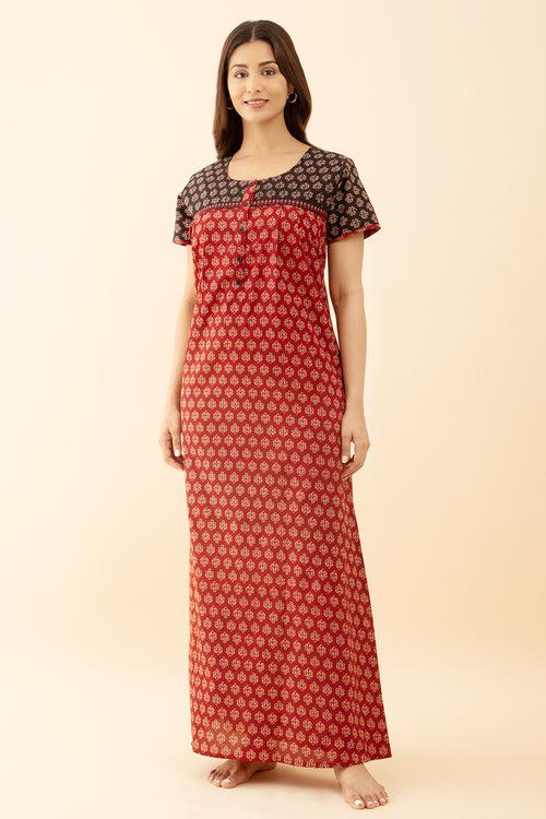 Round Neck Maroon Nighty with Ajrakh Printed