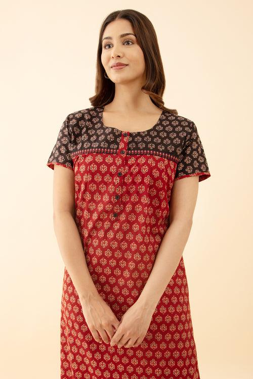 Round Neck Maroon Nighty with Ajrakh Printed