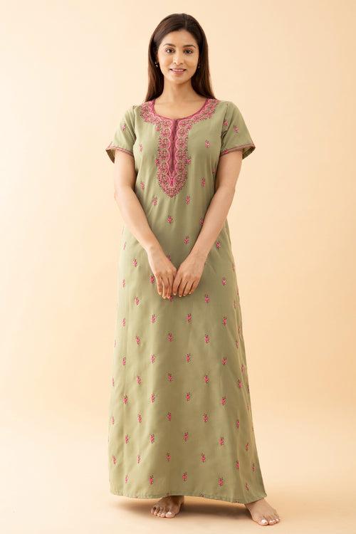 Solid With Contrast Whimsical Garden Embroidered Yoke Light Green