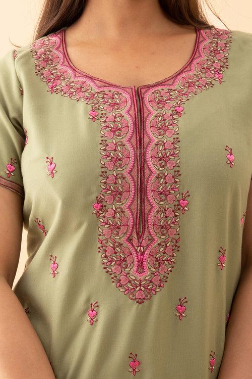 Solid With Contrast Whimsical Garden Embroidered Yoke Light Green