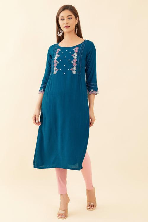 Floral Embroidered With Pin Tuck Yoke Kurta Blue