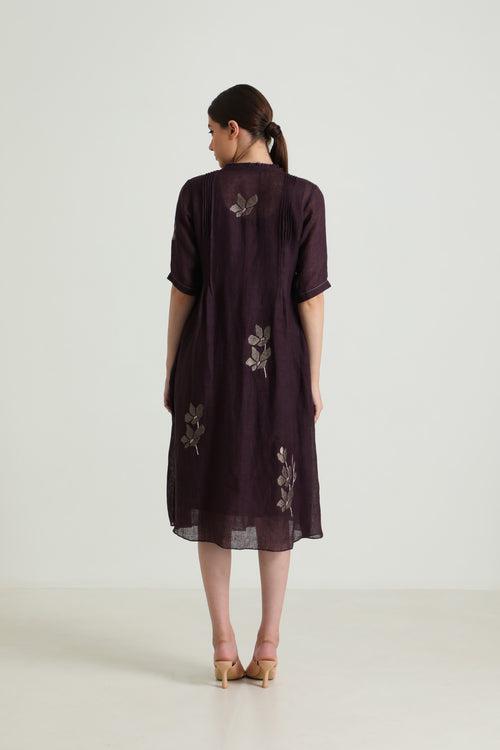 Pleated Dress in Gauze Linen with Embroidery