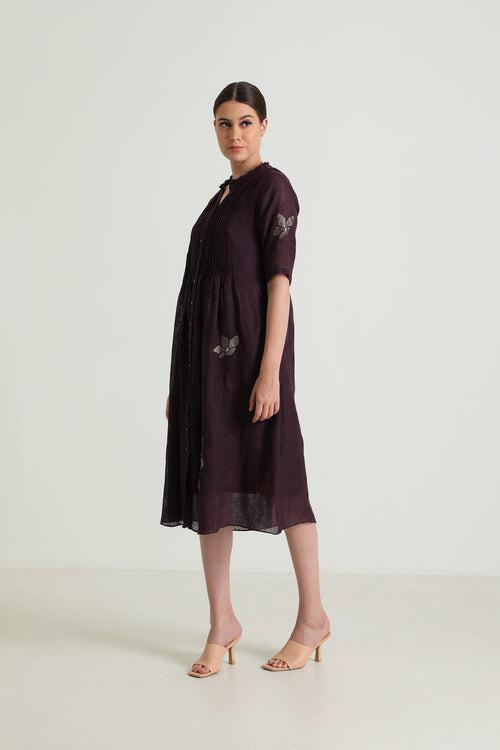 Pleated Dress in Gauze Linen with Embroidery