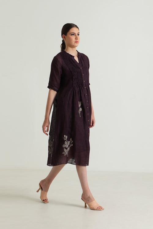 Pleated Dress in Gauze Linen with Embroidery